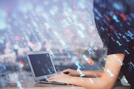 Multi exposure of woman hands working on computer and data theme hologram drawing. Tech concept.