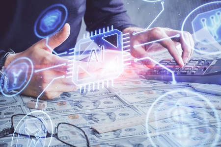 Multi exposure of man's hand holding and using a digital device and data theme drawing. Innovation...