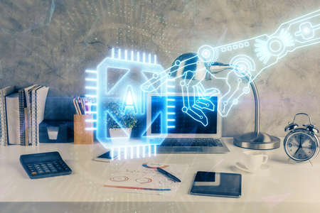 Multi exposure of table with computer on background and data theme drawing. Concept of innovation.