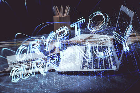 Double exposure of blockchain and crypto economy theme hologram and table with computer background....
