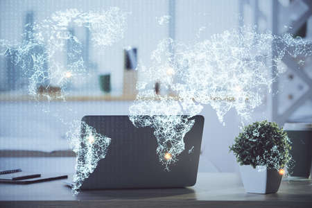 Computer on desktop with social network hologram. Double exposure. Concept of international people...