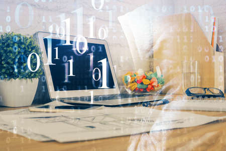 Multi exposure of desktop with personal computer and tech theme drawing. Concept of Bigdata.