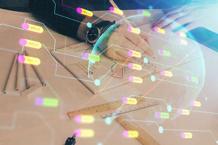 Man's hands with international data global network topic double exposure icon. Concept of...