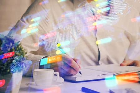 Human's hands with data theme multi exposure background drawings. Concept of innovation.