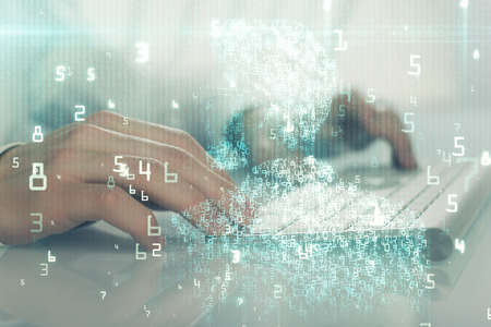 Multi exposure of tech drawings with man working on computer background. Concept of innovation.