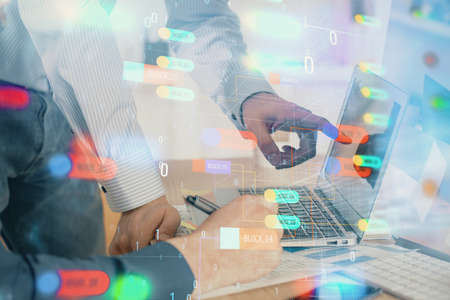 Multi exposure of tech drawings with man working on computer background. Concept of innovation.の写真素材