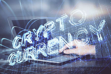 Blockchain theme hud with businessman working on computer on background. Concept of crypto chain....