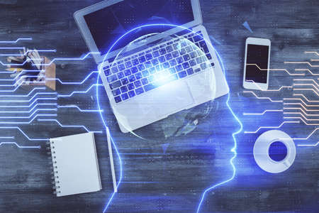 Multi exposure of brain sketch hologram over topview work table background with computer. Concept of...