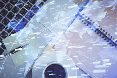 Double exposure of data theme drawing hologram over topview work table background with computer....
