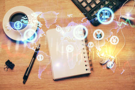 Multi exposure of forex chart drawing and work table top veiw. Concept of financial analysis.