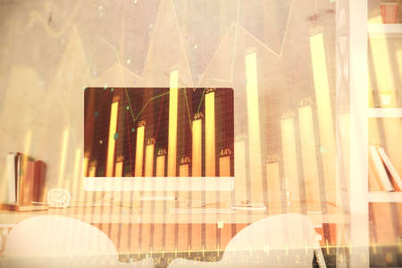 Multi exposure of stock market chart drawing and office interior background. Concept of financial analysis.の写真素材