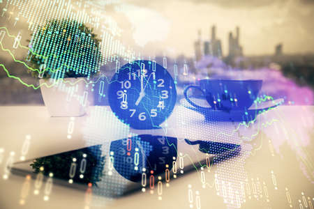 Double exposure of forex graph drawing and cell phone background. Concept of financial data analysisの写真素材