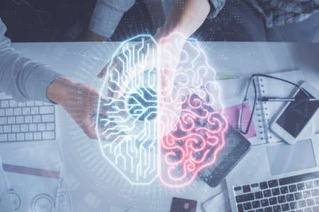 Double exposure of man and woman working together and human brain hologram drawing. Brainstorm...