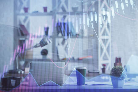 Double exposure of stock market graph drawing and office interior background. Concept of financial...