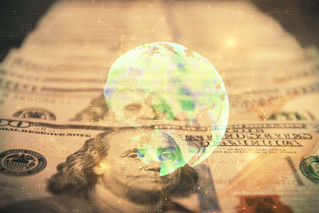 Multi exposure of social network drawing over us dollars bill background. Concept of people...