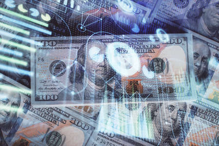 Double exposure of data theme drawing over us dollars bill background. Technology concept.の写真素材