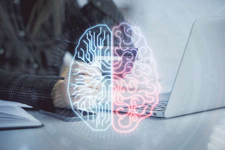 Double exposure of woman on-line shopping holding a credit card and brain hologram drawing. Data...