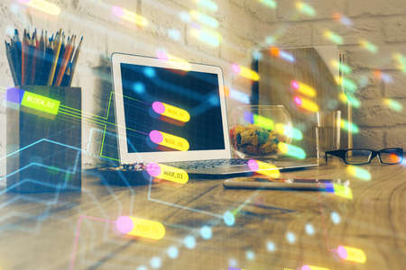 Double exposure of desktop with personal computer on background and tech theme drawing. Concept of...