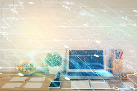 Multi exposure of desktop with personal computer and tech theme drawing. Concept of Bigdata.