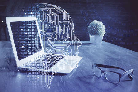 Multi exposure of work space with computer and human brain hologram. Brainstorm concept.