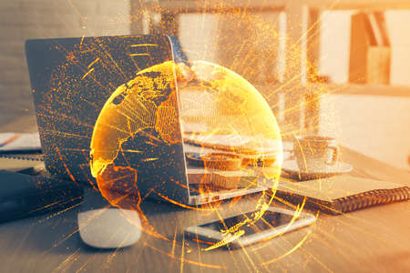Computer on desktop with social network theme icon. Multi exposure. Concept of international...