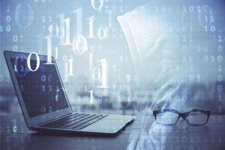 Double exposure of computer and technology theme hologram. Concept of freelance work.