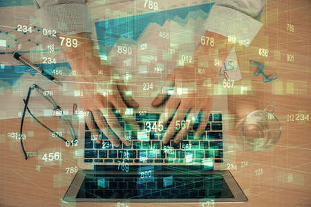 Businessman with computer background with technology theme hologram. Concept of big data. Double...