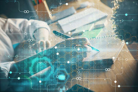 Multi exposure of woman's hands on background with technology and digital coding icons. Data...