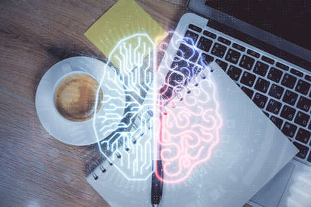 Multi exposure of brain sketch hologram over topview work table background with computer. Concept of big data.の写真素材