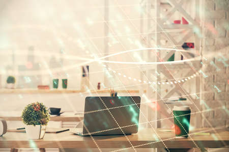 Double exposure of stock market graph drawing and office interior background. Concept of financial analysis.の写真素材