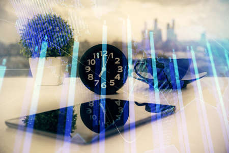 Double exposure of forex graph drawing and cell phone background. Concept of financial data analysis