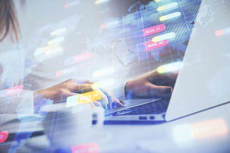 Multi exposure of woman hands working on computer and data theme hologram drawing. Tech concept.