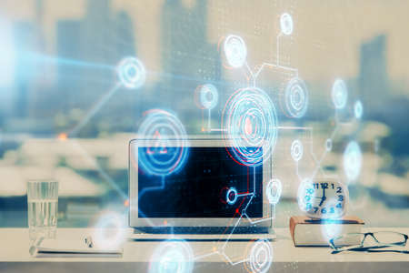 Multi exposure of table with computer on background and data theme drawing. Concept of innovation.