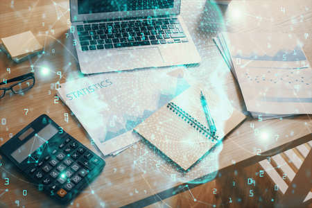 Double exposure of desktop computer and human brain drawing hologram. Ai concept.