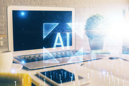 Multi exposure of desktop with personal computer and tech theme drawing. Concept of Bigdata.
