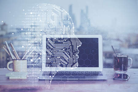 Multi exposure of work space with computer and human brain hologram. Brainstorm concept.