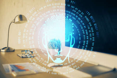 Double exposure of work space with computer and human brain drawing hologram. Brainstorm concept.