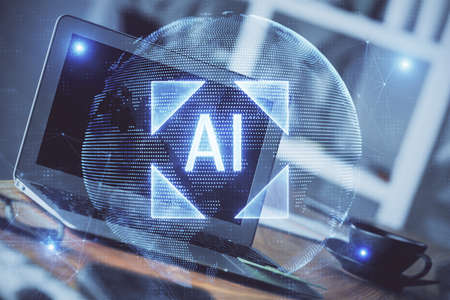 Technology theme drawing and work space with computer. Double exposure. Concept of innovation.の写真素材