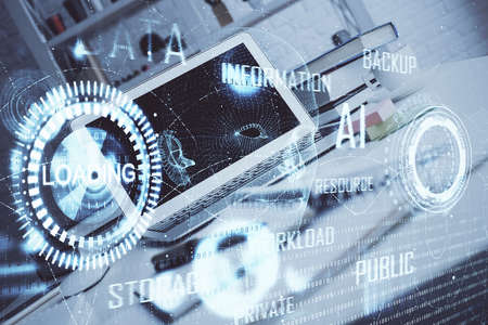 Technology theme drawing and work space with computer. Double exposure. Concept of innovation.