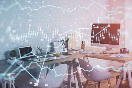 Multi exposure of stock market chart drawing and office interior background. Concept of financial...