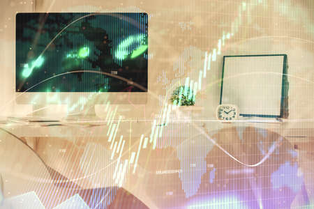 Multi exposure of stock market chart drawing and office interior background. Concept of financial...