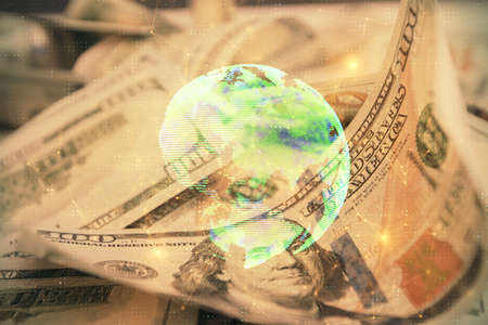 Multi exposure of social network drawing over us dollars bill background. Concept of people connection.の写真素材