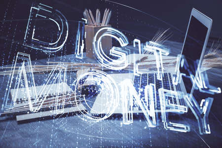 Double exposure of blockchain and crypto economy theme hologram and table with computer background. Concept of bitcoin cryptocurrency.の写真素材