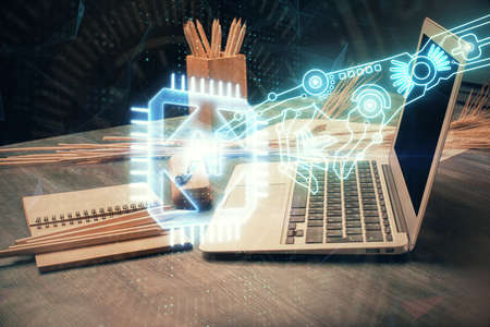 Multi exposure of table with computer on background and data theme drawing. Concept of innovation.