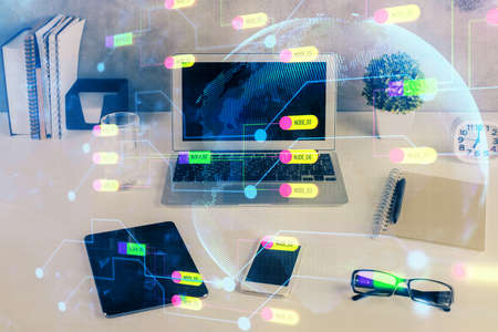 Multi exposure of table with computer on background and data theme drawing. Concept of innovation.