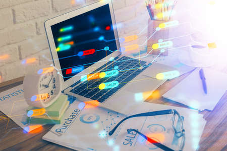 Multi exposure of desktop with computer on background and tech theme drawing. Concept of big data.