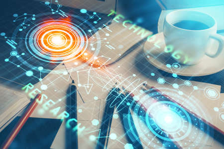 Double exposure of desktop with computer on background and tech theme drawing. Concept of big data.