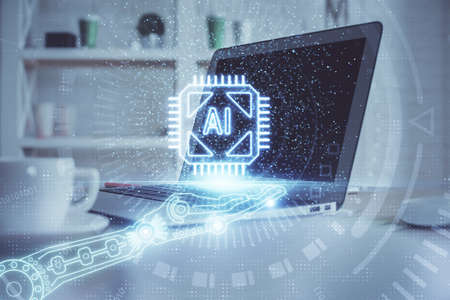 Double exposure of computer and technology theme hud. Concept of innovation.