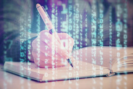 Multi exposure of woman's writing hand on background with data technology hud. Concept of...