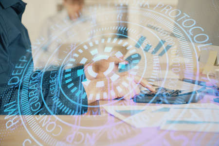 Multi exposure of tech drawings with man working on computer background. Concept of innovation.